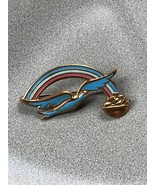 Vintage Blue Bird Flying into Enamel Rainbow w Pot of Gold Goldtone Pin ... - £10.45 GBP