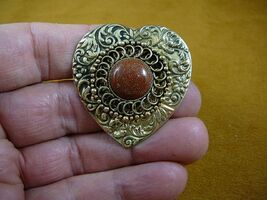 (BB310-6) Orange Goldstone stone circle scrolled heart brass brooch pin ... - $23.99