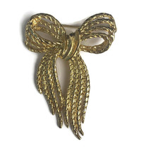 Vintage Signed Goldtone Ribbon Bow Shaped Brooch Pin Costume Jewelry 2-1/2&quot; - £7.89 GBP