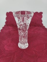 Crystal Glass Small Flower Vase Whirling Star &amp; Crosses Clear 6&quot; Tall  Vintage - £9.04 GBP