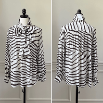 NWT H&amp;M Brown Ivory Zebra Stripe Animal Print Neck Bow Blouse Mob Wife 12 - $18.00