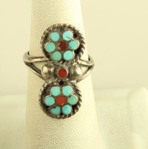 Vintage Sterling Silver zuni double flower turquoise and coral ring - £129.39 GBP