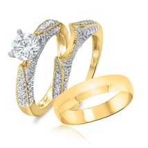 10K Solid Yellow Gold FN His &amp; Her Engagement Bridal Wedding Band Trio Ring Set - £128.24 GBP
