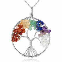 Tree of Life Pendant Necklace Silver Chain, 7 Chakra Natural Crystal Stone Tree - £13.19 GBP