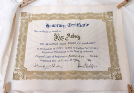 Honorary Certificate Roy Aubrey 50 Year Arkansas State Board of Pharmacy... - $49.99