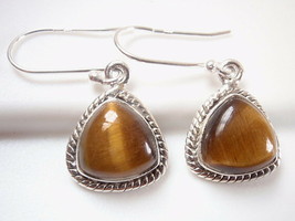 Tiger Eye Triangles with Soft Corners 925 Sterling Silver Dangle Earrings - £13.00 GBP