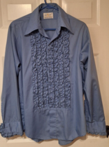 Vtg 60s Lion Of Troy Ruffle Lace Tuxedo Shirt Light Blue Black Party 16/33 USA - £19.97 GBP