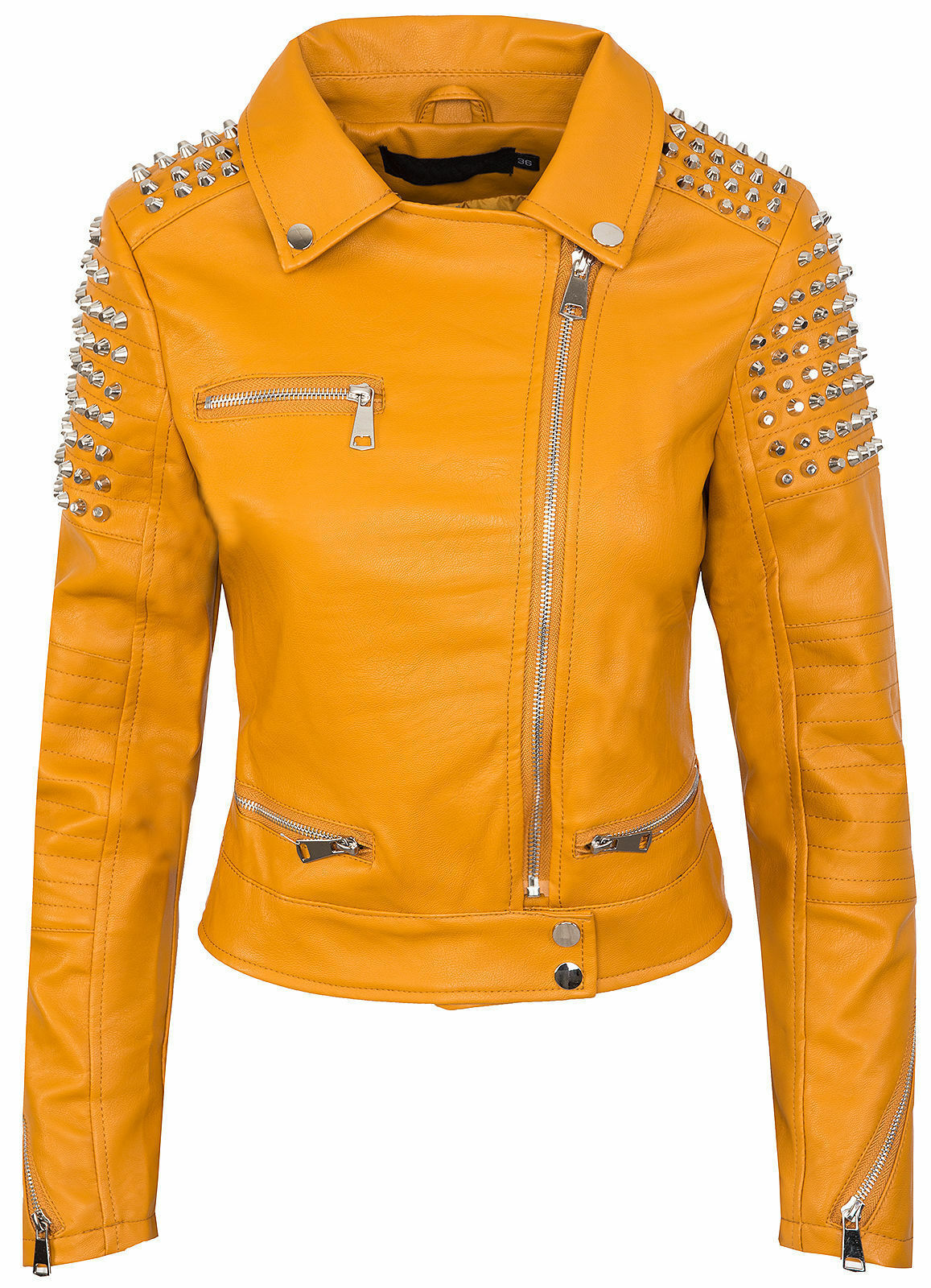 Women's Yellow Color Biker Premium Leather Silver Studded Handcrafted Jacket