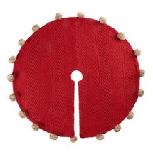 Christmas Tree Skirt Red Cable Knit Faux Fur Pom-Pom 51” Round Holiday B... - $43.98