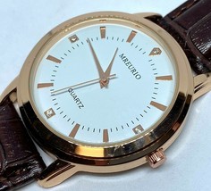 Unused Mreurio Mens Rose Gold Tone Leather Analog Quartz Watch Hours~New Battery - £9.76 GBP