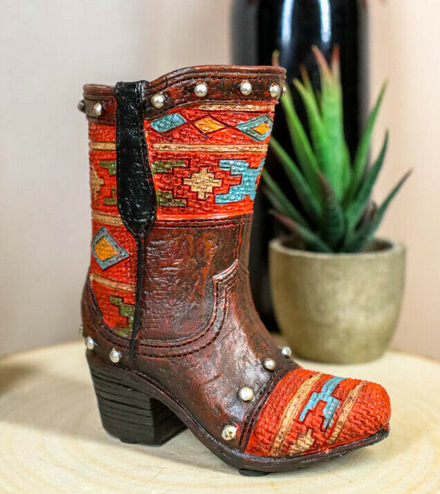 Rustic Western Cowboy Aztec Geometry Patterns Red Brown Boot Pen Holder ... - $17.99