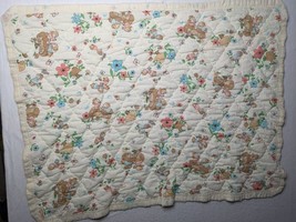 Vintage Baby Quilt Bears Bubbles Flowers 33x54 Inch - £20.25 GBP