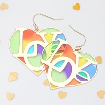 Gold LOVE Colorful Glass Heart Dangle Earrings Statement Jewelry Worded - $22.77