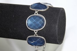 Bracelet (New) Antique Silver W/ Blue Oval Faux Stones - Sz 7.5-8.5 - £11.41 GBP