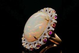 3Ct Oval Cut Simulated  Fire Opal Halo  &amp; Ruby Ring925 Silver Gold Plated - £91.77 GBP