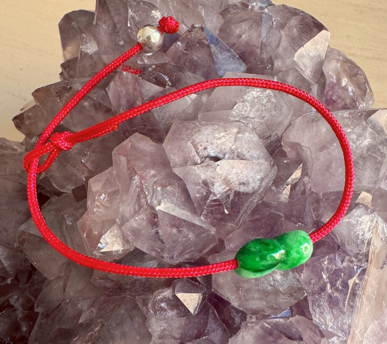 Adjustable Red String Peanut Green Jade/Jadeite Bracelet Silver - $166.45