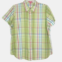 Woman Within Size 1X Blouse Short Sleeve Button Front Collared Green Plaid - £11.16 GBP