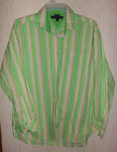 Excellent Mens Tommy Hilfiger Lime Green &amp; Pink Pinstripe Shirt Size L - £19.68 GBP