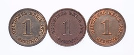 1876-A, 1889-A &amp; 1892-A Allemagne 1 Pfennig plein De 3 Pièces ( Xf-Au État) - $44.07