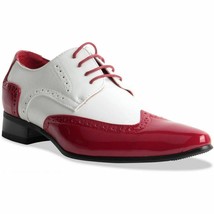 Men Shiny Red White Wing Tip Rounded Derby Pointed Toe Black Sole Leather Shoes - £115.95 GBP+