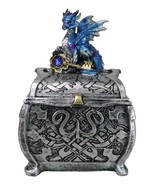 Metallic Blue Ocean Dragon Holding Rune Key On Treasure Chest Trinket Box - $494.83 MXN