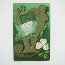 St. Patricks Day Postcard Gold Harp Green Shamrocks Clover Embossed Antique 1909 - £7.90 GBP