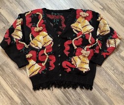 Vintage Bells Bows Hand Knitted Cardigan Size Medium Traditional Trading... - $96.57