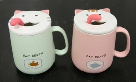 Set of 2 Pink &amp; Green Drooling Cat Bento Porcelain Mug Cup With Spoon And Lid - £19.47 GBP