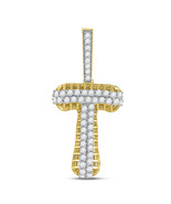 10kt Yellow Gold Mens Round Diamond T Letter Charm Pendant 1 Cttw - £611.48 GBP