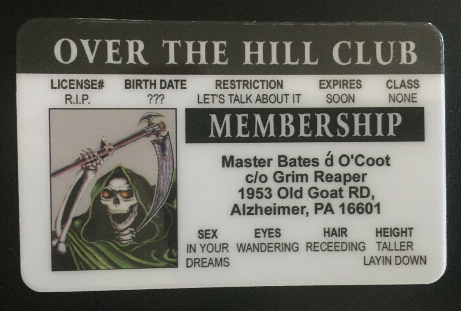 Over The Hill Club MAGNET Membership ID Joke novelty Gag card Grim Reaper - $9.89