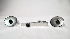 Vintage Sterling Silver Black Onyx Mens Tie Clasp &amp; Cuff Links Set K116 - £38.68 GBP