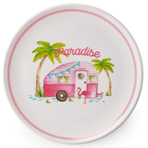 Four (4) Pink Camper ~ PARADISE ~ Flamingo ~ 9.75&quot; Dia ~ White ~ Melamine Plates - £17.69 GBP