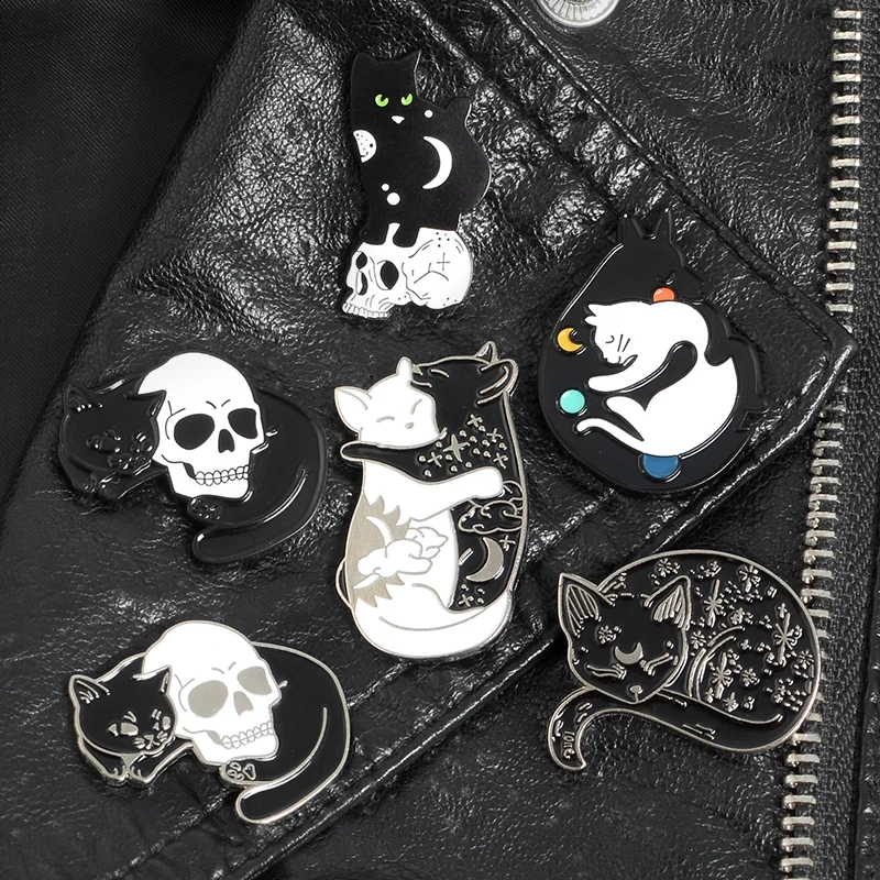 Play Witch Cat Pins Black and White Yin Yang Moon and Star Hugging Cat Sleeping  - £23.15 GBP