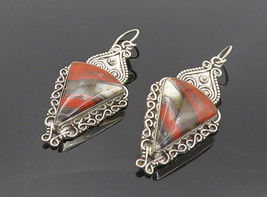925 Sterling Silver - Vintage Red &amp; Brown Agate Swirl Dangle Earrings - EG3512 - £35.76 GBP