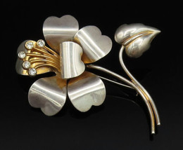 925 Silver - Vintage Two Tone Cubic Zirconia Stem Flower Brooch Pin - BP... - $85.32