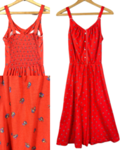 Vintage Dress 1960s Small Red Floral Button Front Smocked Knit Prairie C... - $1,710.42 MXN