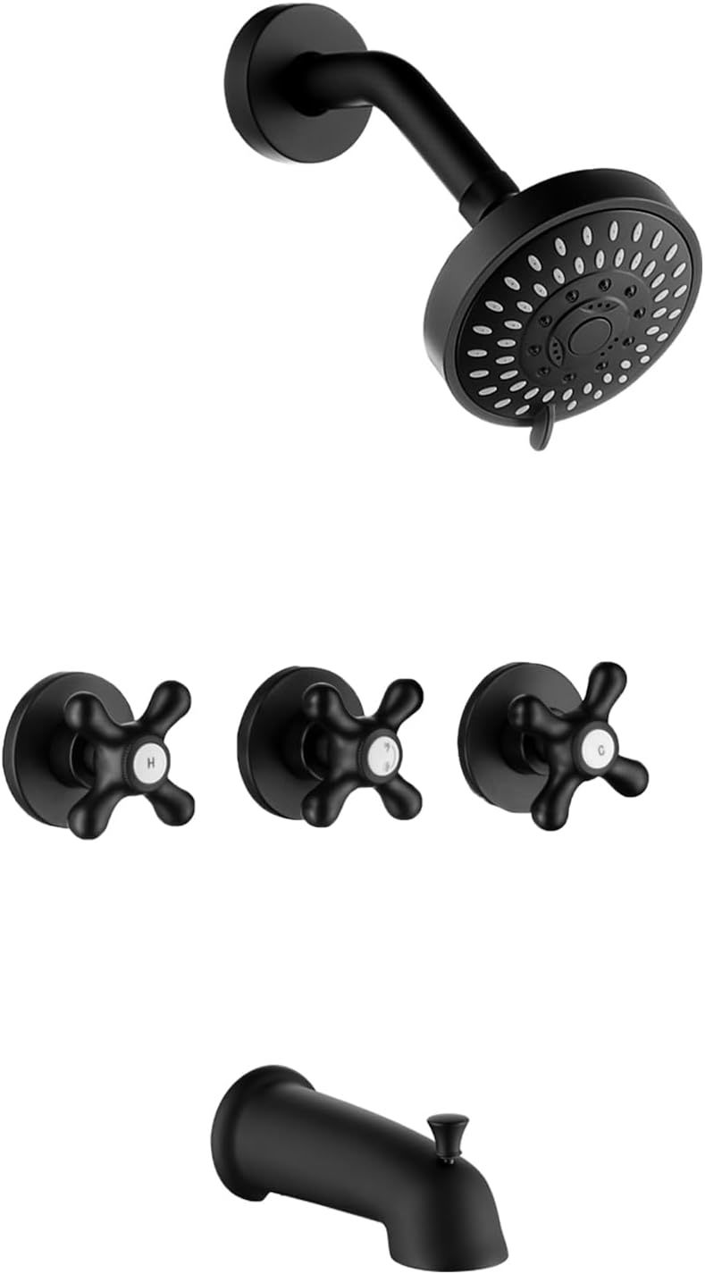 3 Handle Shower Faucet Set With Tub Spout Matte Black Tub And Shower, By... - $142.99