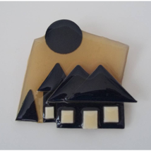 House Pin by Lucinda Handcrafted Brooch House Sun Black Beige Cream Multicolor - £23.33 GBP