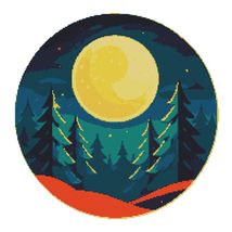Green firs at night with a big glowing moon - Cross Stitch Pattern PDF  - $5.00