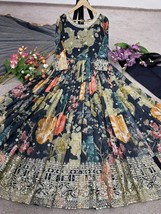 Black Floral Print Georgette Anarkali Salwar Suit Set Punjabi dress || Tradition - £62.78 GBP