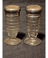 Vintage Hazel Atlas Concentric Rings Salt &amp; Pepper Shaker Set With Metal... - $14.90 CAD