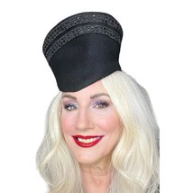 30s VTG RETRO Womens Hat Military Style Black  Beaded  New York Creation  - $87.32