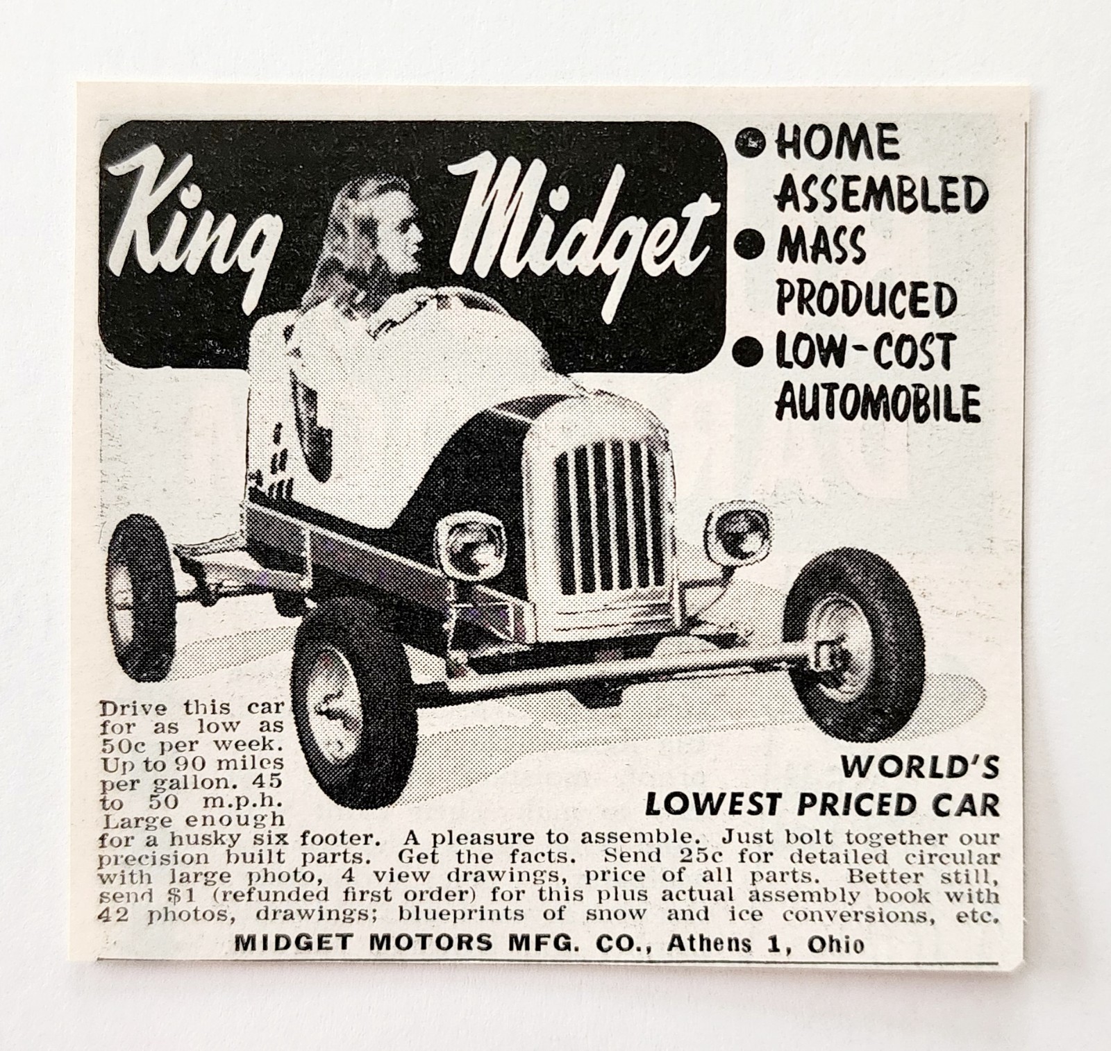 1949 King Midget Motors Home Assembled Car Advertisement Automobilia Bug... - $19.99