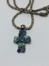 Vintage Sterling Silver 925 Turquoise Cross Pendant Necklace 18&quot; - £66.88 GBP