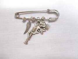 2&quot; Pin Brooch W 3 Crystals With A Pistol W Rose Vine &amp; Angel Wing Double Charms - £4.81 GBP