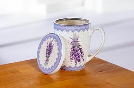 Lavender Print Covered Mug with Strainer 12 oz Bone China 4.5" High Purple Sprig image 4