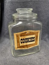 Vintage Mcm Glass Apothecary Cookie Jar With Lid 8 1/4 Inches Tall Paper Label - £13.29 GBP