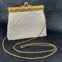 Beaded Pearl Bag Bridal Gold Kiss Clasp Evening with Gold Chain - $20.57