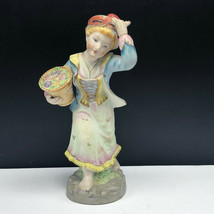 Porcelain Figurine Statue Antique Maiden Flower Basket Wine Maker Italy Dress 2 - £23.62 GBP