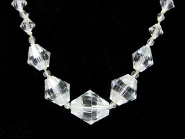 BICONE Clear GLASS BEADS Necklace Vintage Beaded Front Sterling Silver Clasp 20&quot; - £11.45 GBP